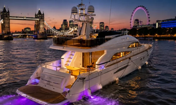 Luxury River Thames cruise yacht in London at sunset
