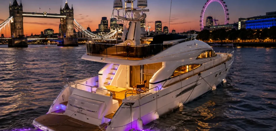 Luxury River Thames cruise yacht in London at sunset