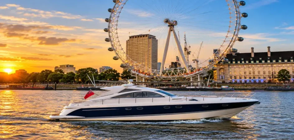 Luxury yacht on River Thames sightseeing cruise in London with London Eye